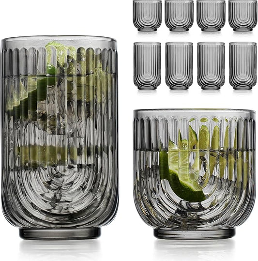 Glaver's 8 Piece Smoke Glassware Set, Art Deco Black Drinking Glasses, Ribbed U-Shape Design, 4 Highball 17oz and 4 Whiskey 11oz DOF Arch Drinkware