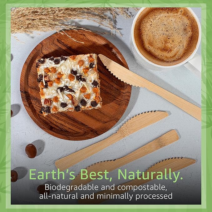 100% Bamboo Knives Set - 100 Biodegradable Utensils (100 Knives) | Reusable or Disposable Bamboo Flatware | Compostable FSC Certified Knives for Weddings, Camping, Parties