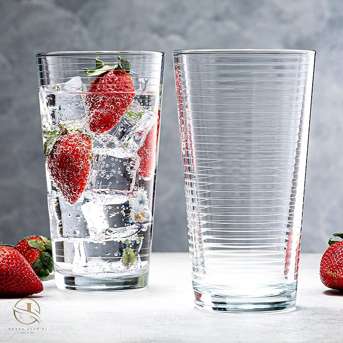 Le'raze Set of 16 Heavy Base Ribbed Durable Drinking Glasses Includes 8 Cooler Glasses (17oz) and 8 Rocks Glasses (13oz), Clear Glass Cups - Elegant Glassware Set