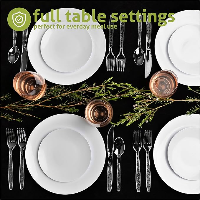 Heavy Weight Plastic Silverware Set - 200 Plastic Forks, 100 Plastic Knives, 100 Plastic Spoons Disposable Cutlery Combo Set (Clear)
