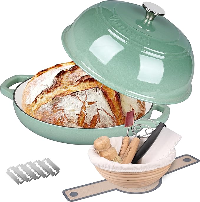 Enameled Cast Iron Dutch Oven Pot with Lid, Bread Oven for Sourdough Bread Baking, Dutch Ovens with Bread Proofing Basket& Baking Supplies Set, 6 Quart, Sage Green