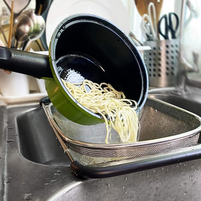 Makerstep Over the Sink Colander Strainer Basket Stainless Steel, For Kitchen Sink with Rubber Grip, Fine Mesh, Large Kitchen Gadgets Tools, Expandable Home Kitchen Essentials