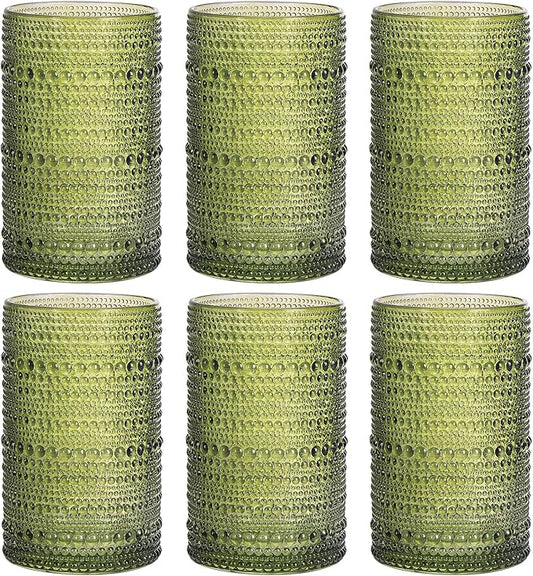 Moretoes Hobnail Drinking Glasses Set of 6,12 Oz Highball Glasses Clear Embossed Boho Water Glass Cups Kitchen Bar Tumbler Glassware Set for Whiskey, Beer, Juice, Milk and Various Mixed Drinks (Green)
