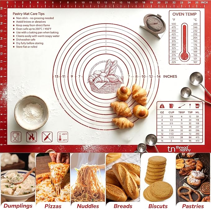 Silicone Pastry Mat Non Stick Extra Large 28x20 - Rolling Mat for Dough with Measurements - Pie Crust Bread Pizza Cookie Baking Mat - Dishwasher Safe (Red)