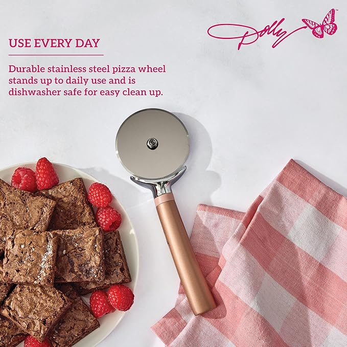 Dolly Parton Pizza Wheel with Blush Design – Stainless Steel Blade, Ergonomic Handle with Finger Guard, Dishwasher Safe, 8.7 Inch