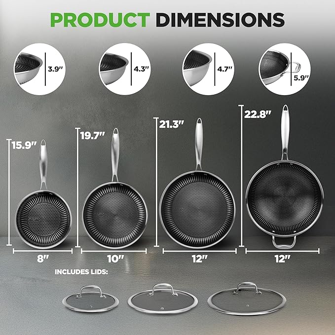 NutriChef 7-Piece Tri-Ply Stainless Steel Frying Pan Set & Wok – Nonstick, Induction Compatible, Oven Safe, Scratch-Resistant, Dishwasher Safe