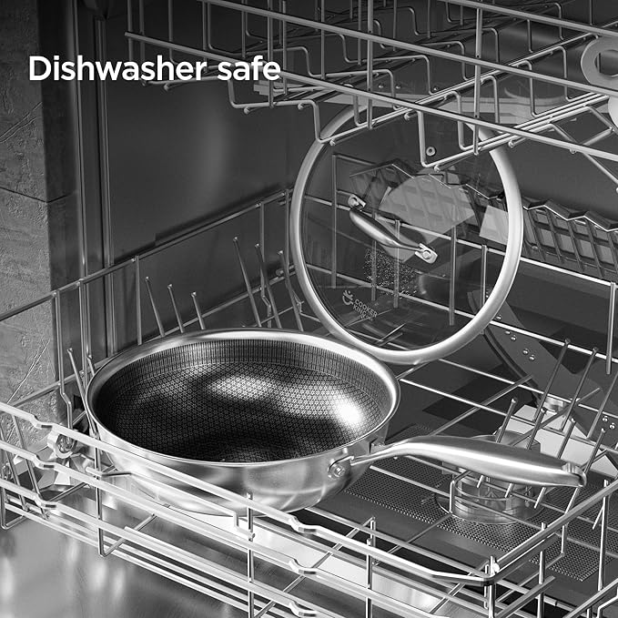 COOKER KING 11-Inch Hybrid Stainless Steel Wok with Lid, Nonstick Stir Fry Pan & Deep Frying Pan, Tri-Ply Clad Honeycomb Everyday Pan, Induction Ready, Oven & Dishwasher Safe, PFOA Free