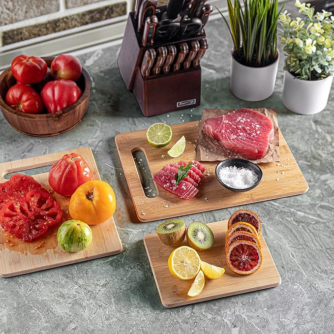 Bamboo Cutting Boards for Kitchen [Set of 3] Wood Cutting Board for Chopping Meat, Vegetables, Fruits, Cheese, Knife Friendly Serving Tray with Handles, 3 Piece Large, Medium, Small Size for Food Prep