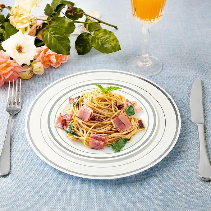 SETUP Case of 300 White Silver-Rimmed Plastic Plates - Premium Heavy-Duty Disposable Combo for Weddings and Parties - 150 10.25" Dinner and 150 7.5" Salad Plates