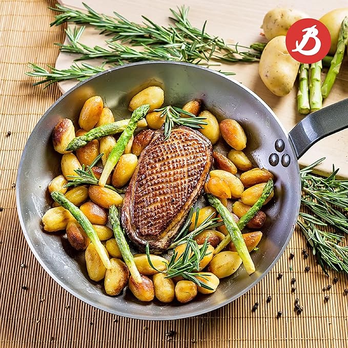 de Buyer MINERAL B Carbon Steel Grill Pan - 10.25” Diameter - Ideal for Grilling & Browning Meat - Naturally Non-Stick Finish - Made in France