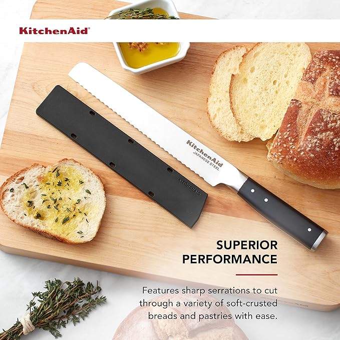KitchenAid Gourmet Forged Triple Rivet Bread Knife with Custom-Fit Blade Cover, 5-inch, Sharp Kitchen Knife, High-Carbon Japanese Stainless Steel Blade, Black
