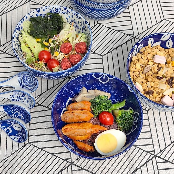 Japanese 28 Oz Ceramic Ramen Noodle Soup Cereal Pho Rice Salad Bowl Set with Chopsticks and Spoons, Premium Gift Set for House Warming, Birthday, Holiday, Microwave Safe, Dishwasher Safe