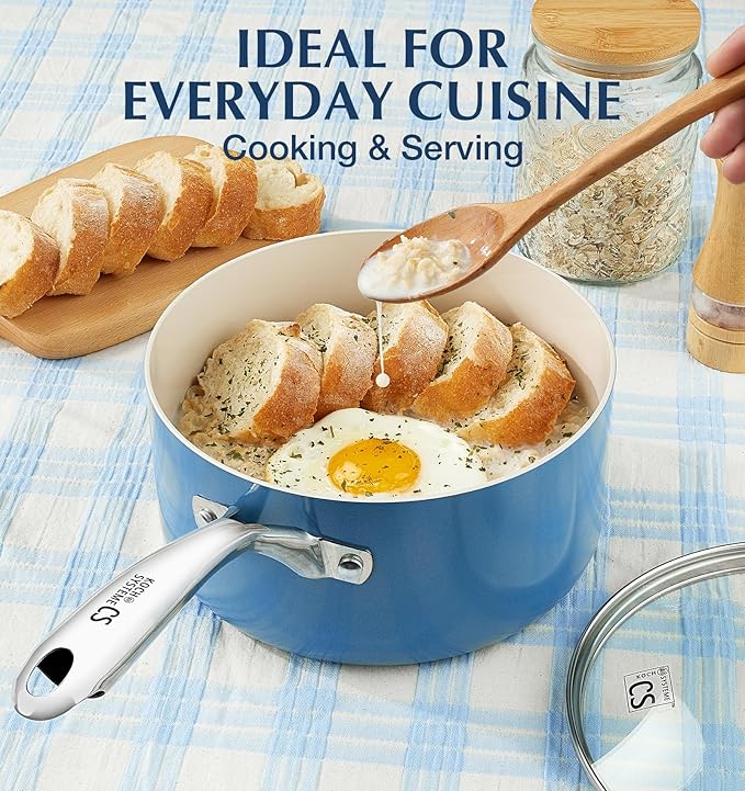 KOCH SYSTEME CS Small Saucepan with Lid, 1 Quart Nonstick Sauce Pan with PFAS-FREE Ceramic Coatings, Non-Toxic, Scratch-Resistant Small Cooking Pot with Lid, Blue