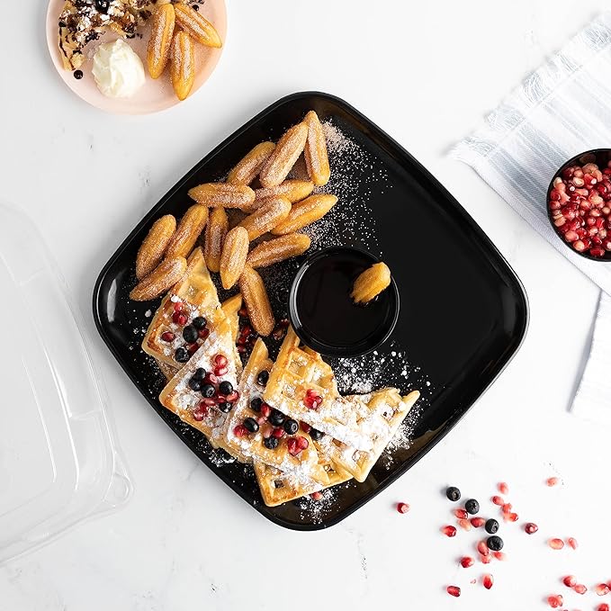 Plasticpro Plastic Serving Trays - Serving Platters Disposable Party Dish White, (4, Square Black Trays)