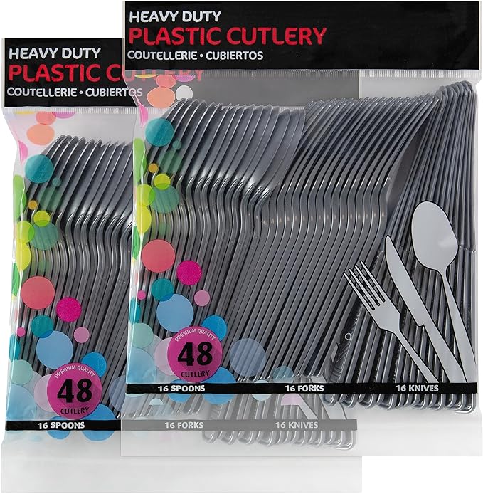 DecorRack Plastic Cutlery Set, Silver Colored Plastic Silverware Sets for Parties, 96 Piece Bulk Heavy Duty Utensils (Silver, 96 Pieces)