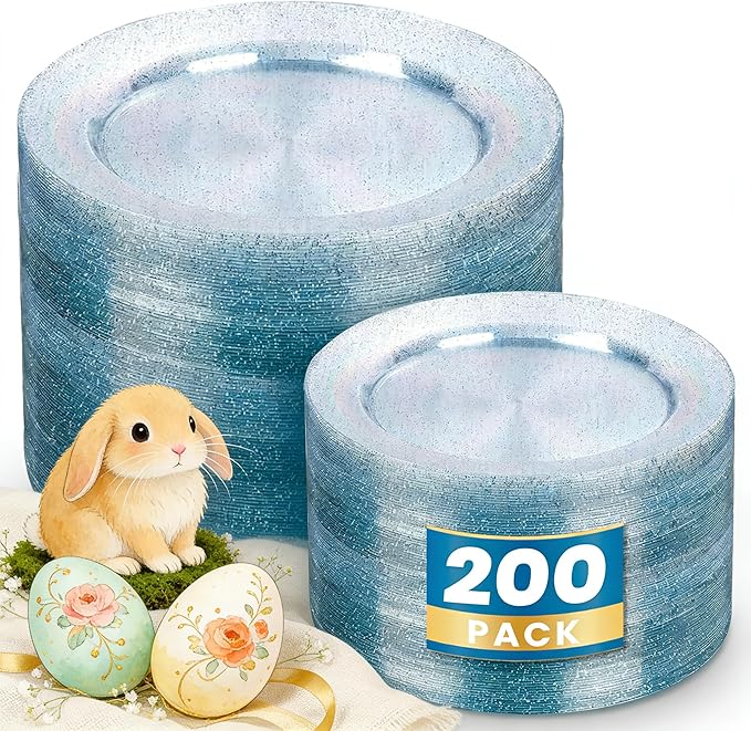 WDF 200PCS Blue Plastic Plates - Blue Glitter Plastic Plates - Heavy Duty Disposable Plates - Include 100 Dinner Plates 10" and 100 Dessert Plates 7" for Parties/Wedding/Graduation/Easter