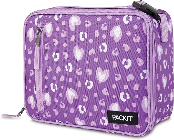 PackIt(R) Freezable Classic Lunch Box, Leopard Hearts Purple, Built with EcoFreeze(R) Technology, Reusable, Zip Closure With Zip Front Pocket and Buckle Handle, Designed for Fresh Lunch On the Go