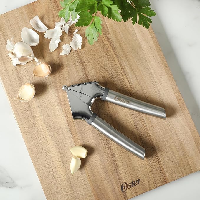 Oster Chadswyck 7.7” Garlic Press, Stainless Steel Garlic Mincer & Crusher, Easy Squeeze, Dishwasher Safe