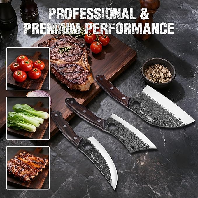 Mossy Oak Butcher Knife Set, 3PCS Hand Forged Chef Knives with Oxford Roll Bag, Meat Cleavers Full Tang Handle for Cutting, Boning and Chopping, Kitchen Knives for Outdoor Cooking, Camping