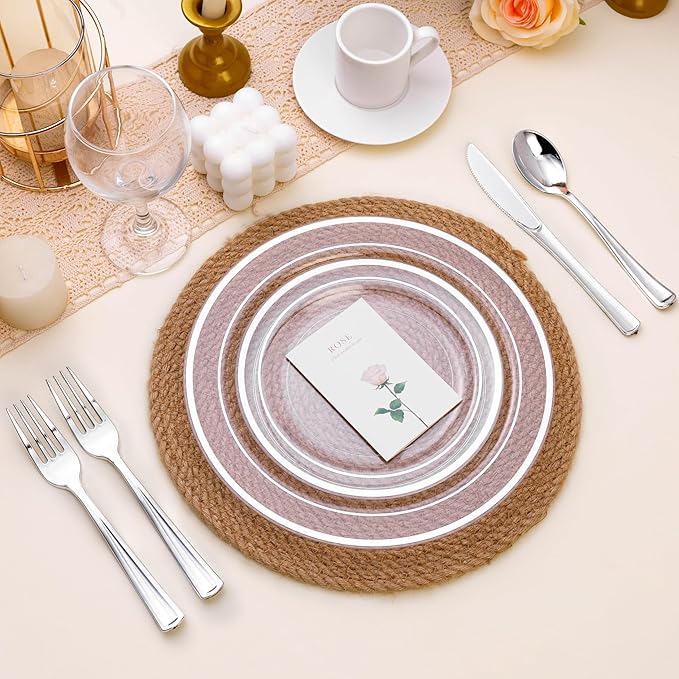 BESTSTAR 100PCS Clear Plastic Plates for Party, 10.25 Inch Disposable Plates with Silver Rim, Heavy Duty Dinner Plates for Wedding and Birthday