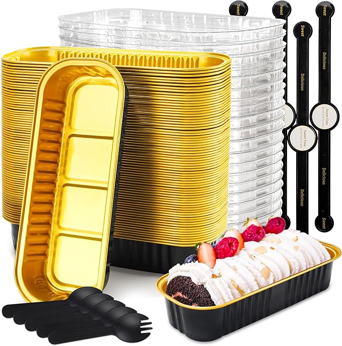 50 Pack Mini Loaf Pans with Lids Rectangle Individual Cake Pans Aluminum Foil Pans for Large Gatherings Picnics Vacations Parties (Black Gold, 6.8 OZ)