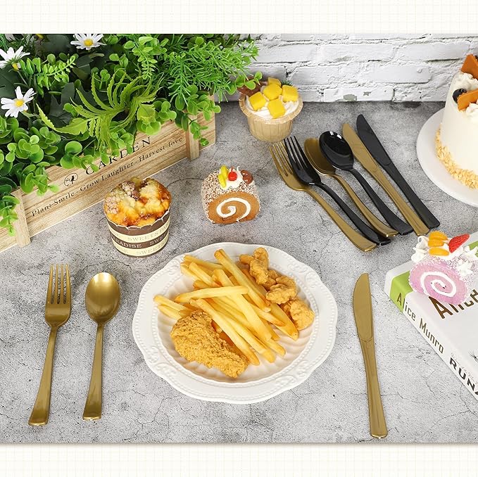 Kochorie 300 Pieces Graduation Black and Gold Plastic Silverware Heavy Duty Plastic Cutlery Set Disposable Flatware Includes Spoons Forks Knifes for Party Supplies