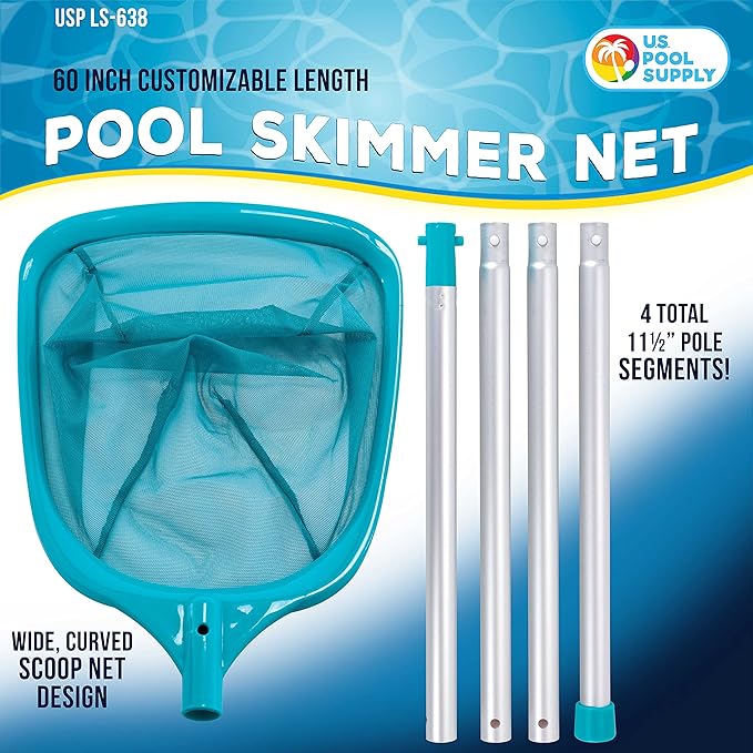 U.S. Pool Supply Swimming Pool 5 Foot Leaf Skimmer Net with 4 Aluminum Pole Sections - 6" Deep Ultra Fine Mesh Netting Bag Basket for Fast Cleaning of The Finest Debris - 60" Long, Clean Spas, Ponds