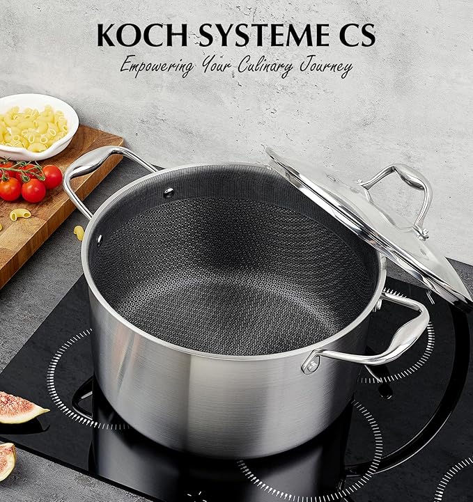KOCH SYSTEME CS Triply Stainless Steel Pot 6 Quart, Nonstick Hybrid 18/10 Stainless Steel Stock Pot with Lid, Nonstick Cooking Pots with Honeycomb Interior, Compatible with All Cooktops, Oven Safe