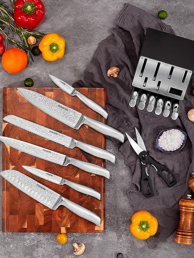Knife Set, FOHERE 14 Pieces Kitchen Knife Set with Built-in 5 x Sharpeners, Waved Texture Knife Set with Block, Stainless Steel Knife Block Set, Sharp Knives Set with Ergonomic Handle