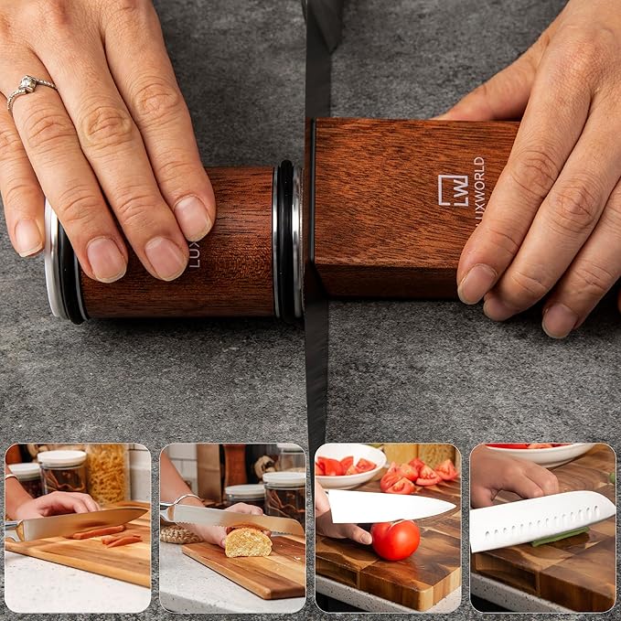 Premium Rolling Knife Sharpener – Diamond & Ceramic Disc Knife Sharpener for Kitchen & Pocket Knives – Manual Sharpening Tool with Magnetic Angle Base 15° & 20° – Professional Razor Edge Tool (Brown)