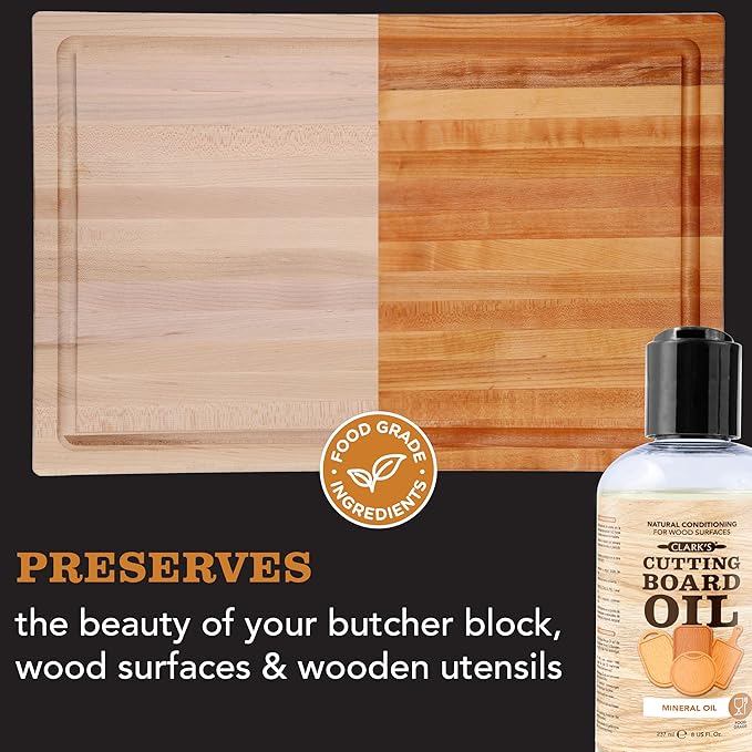 CLARK'S Mineral Oil - 8 oz Food Grade Conditioner for Wood Cutting Board, Cutting Board Oil for Butcher Block, Marble & Soapstone, Lubricant for Knife, Meat Grinder - Made in USA