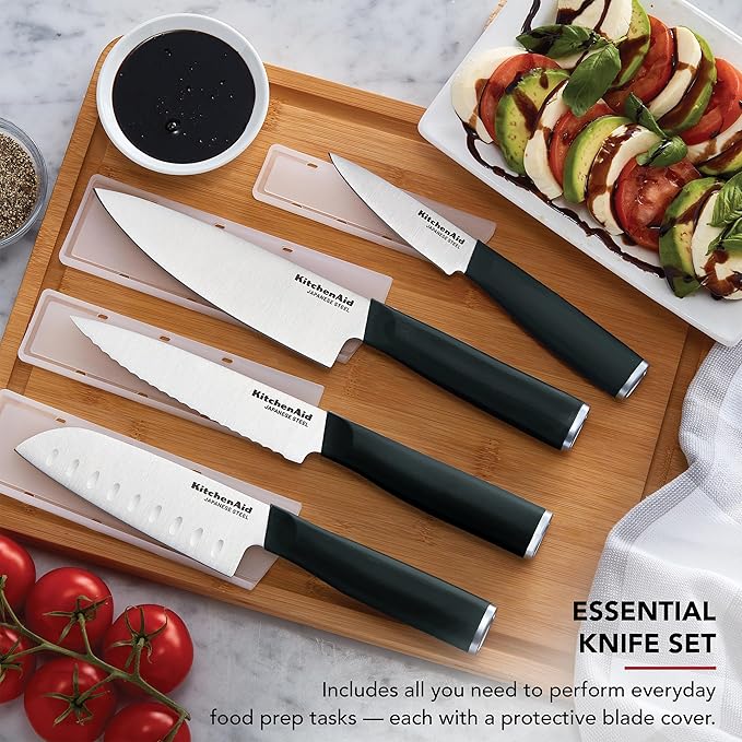 KitchenAid Chef Set with Custom Fit Covers, Sharp Kitchen Knife, High-Carbon Japanese Stainless Steel Blade, 4 Piece, Black