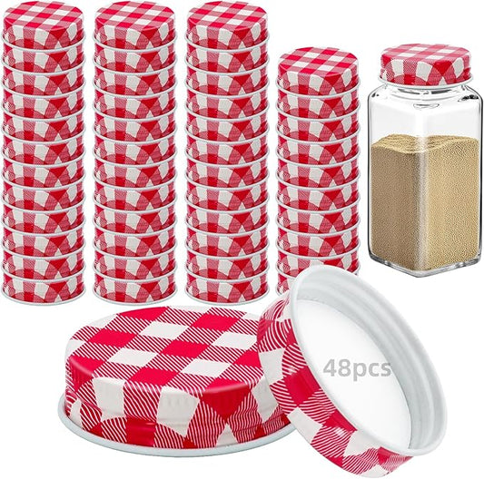 48 Pcs iron Jar Lids Lids for 4 oz and 6 oz Square Spice Jars Reusable Can Airtight Spice Storage Canning Lids for Nice Sealing Kitchen (Red grid)