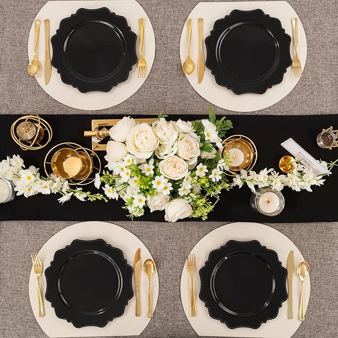 COLOSUS Black Plastic Plates Set,Heavy Duty Black Disposable Plates for 30 guests,Include 30PCS 10.5inch Dinner Plates and 30PCS 8.25 inch Dessert Plates for Party/Wedding/Birthday