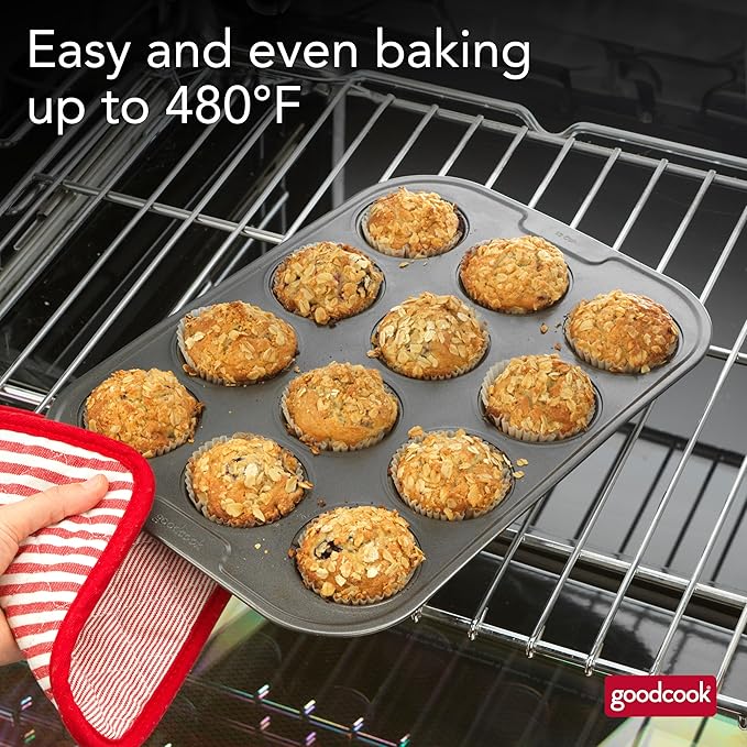 GoodCook PRO Muffin Pan Nonstick Cupcake Pan, Warp & Scratch-Resistant Dishwasher-Safe Carbon Steel Construction for Even Baking with or Without Liners, 12-Cup, Gray