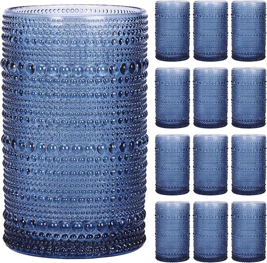 Moretoes Hobnail Drinking Glasses Set of 12,12 Oz Highball Glasses Embossed Boho Water Glass Cups Kitchen Bar Tumbler Glassware Set for Whiskey, Beer