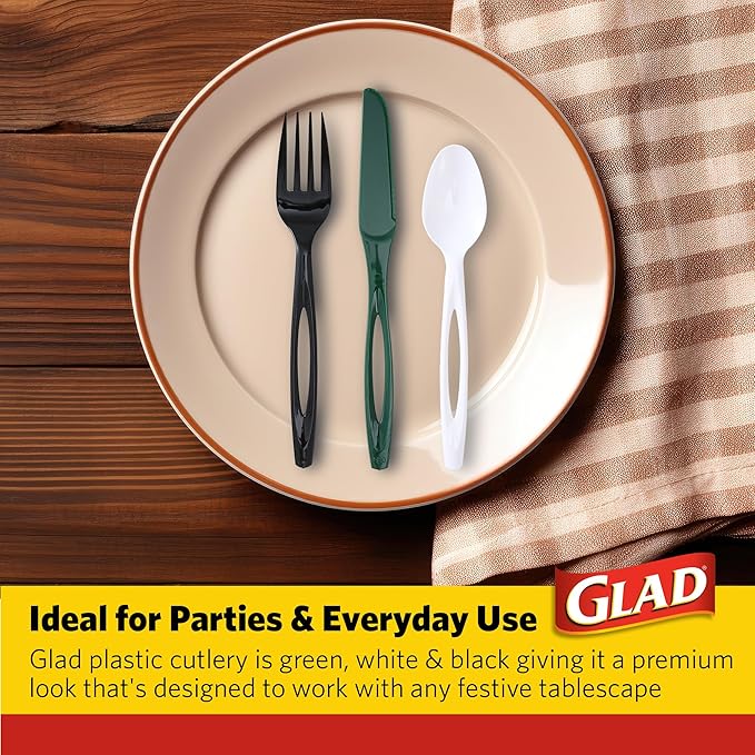 Glad Disposable Cutlery Set with Heavy Duty Plastic Forks, Knives, and Spoons, Reusable Dishwasher Safe Plastic Utensils for Parties and Everyday Use - Green, White, & Black, 120 Count