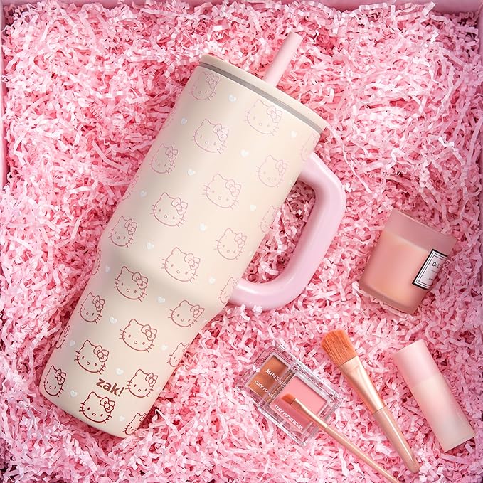 Zak Designs Sanrio Sutton Travel Tumbler for On the Go or At Home, 40oz Stainless Steel with Vacuum Insulation, Silicone Straw, and Carry Handle for Cold Drinks (Hello Kitty)