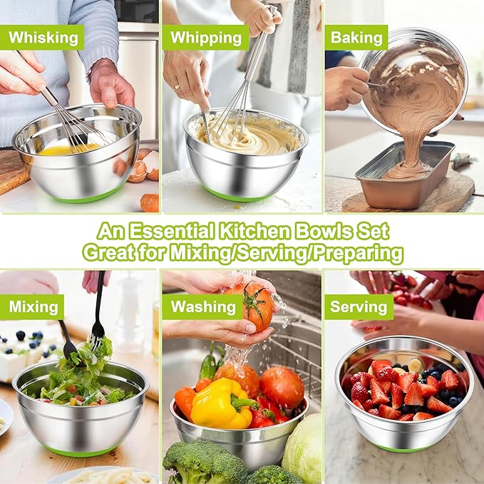 TeamFar Mixing Bowls, Stainless Steel Mixing Bowls with Lids, Nesting Salad Bowls with Air-tight Lids & Non-slip Bottom, Dishwasher Safe & Stackable, Set of 6-4.6/2.6/2 / 1.5/1 / 0.7 Qt