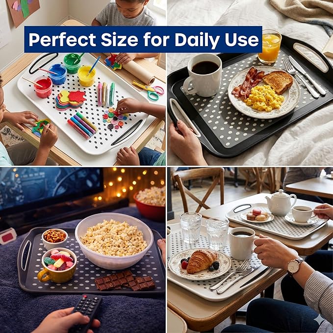 Food Trays for Eating on Couch - 2 Pack - Non Slip Dinner Trays for Eating Set of 2 Non Slip Serving Tray and Food Tray with Handles (White)