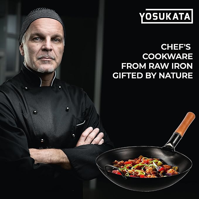 YOSUKATA Carbon Steel Wok Pan 14 in + Premium Wok Cover 14 inch Pan Lid - Wooden Lid 14 in with Ergonomic Handle