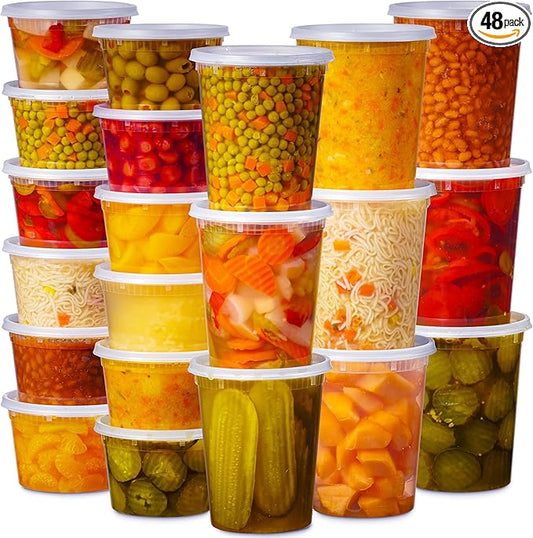 48 Pack Plastic Deli Containers with Lids (16, 32 oz 24 Each) - Food Storage Containers with Lids - Clear Disposable Meal Prep Containers, BPA Free, Stackable, Leakproof, Microwave and Freezer Safe