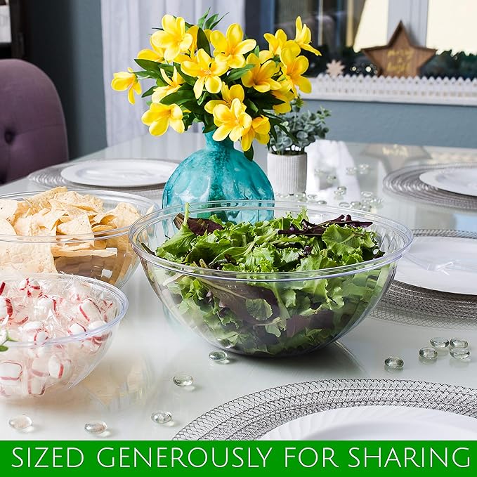 PLASTICPRO Disposable 48 Ounce Round Crystal Clear Plastic Serving Bowls With Lids, Party Snack or Salad Bowl, Chip Bowls, Snack Bowls, Candy Dish, Salad Container Pack of 2