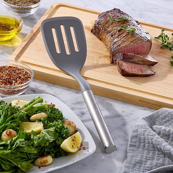 KitchenAid Slotted Turner with Oversized Nonstick-Safe Head and Stainless Steel Handle, Drains Grease and Liquids Easily, Durable and Dishwasher Safe