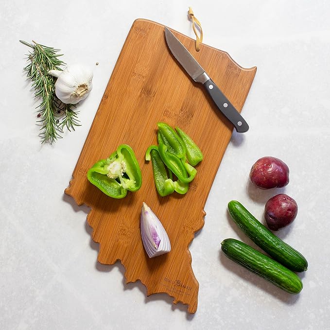 Totally Bamboo Indiana State Shaped Cutting Board and Charcuterie Serving Platter with Artwork by Summer Stokes, Includes Hang Tie for Wall Display