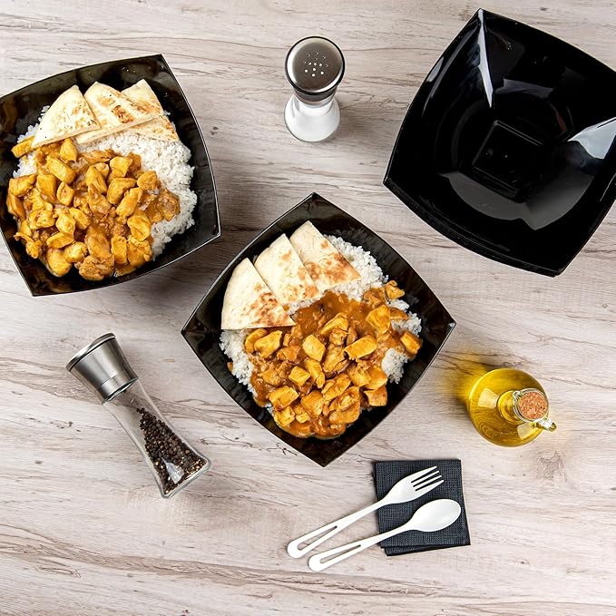 Restaurantware Moderna 64 Ounce Fancy Plastic Bowls 10 Square Disposable Salad Bowls - Durable Heavy-duty Black Plastic Bowls For Warm And Cold Foods