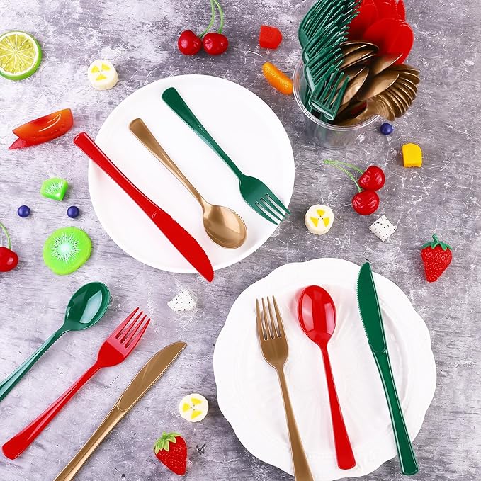 Kochorie 300 Pieces Christmas Plastic Silverware Heavy Duty Plastic Cutlery Set Heavyweight Disposable Flatware Includes Christmas Spoons Forks Knifes for Christmas New Year Party