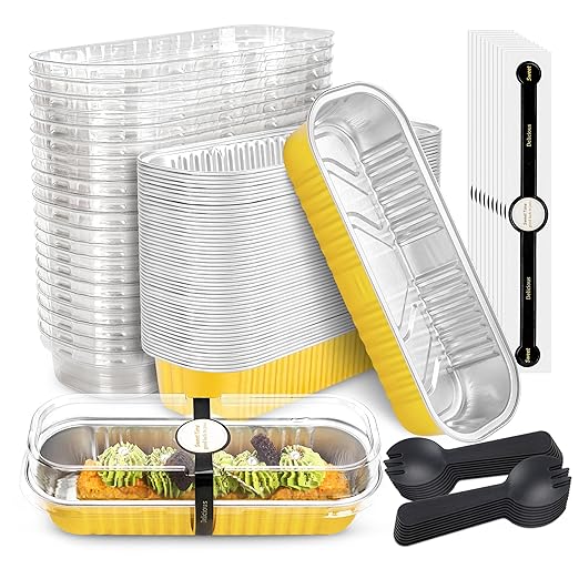50 Pack Mini Cake Pans with Lids and Spoons Gold Rectangular Aluminum Foil Baking Pans Mini Cheesecake Containers(6.8oz)