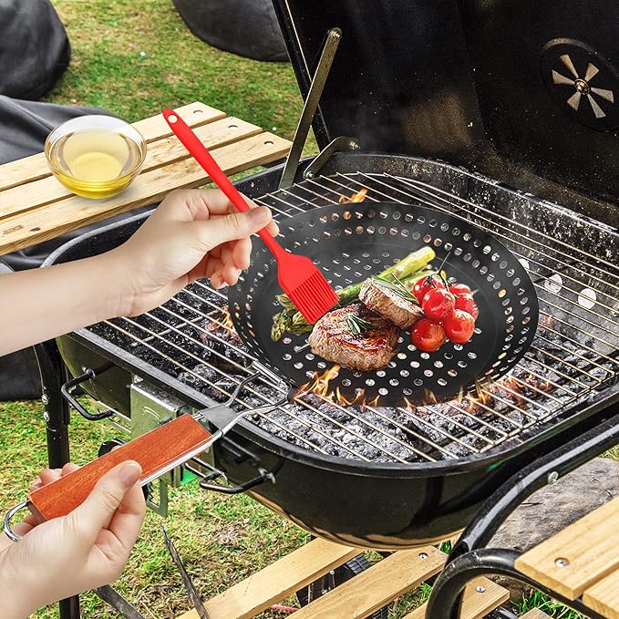 Grilling Skillet with Foldable Handle, 12" Grill Pan for Outdoor Grill, Non-Stick Grill Basket for Pizza BBQ Fry Vegetables Seafood Chapati