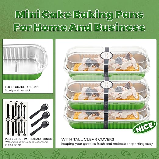 50 PACK Mini Cake Pans with Lids and Spoons, Rectangular Aluminum Foil Bread Pan, Mini Loaf Pans and Food Containers with Lids(Grass Green, 6.8oz)